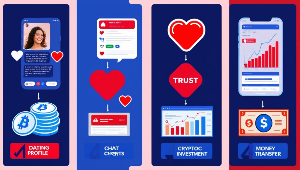 Four phases of romance and investment scam tactics illustrated