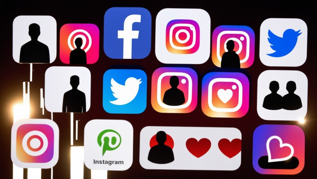 Collage of social media and dating app icons with shadowy figures symbolizing scam threats.