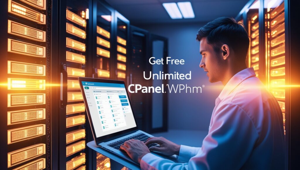 Technician managing a server with cPanel/WHM interface displayed on a laptop, in a professional server room.