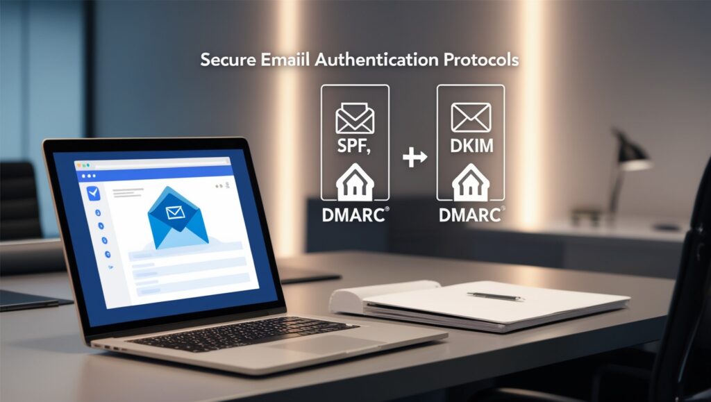Professional email inbox showing secure authentication protocols like SPF, DKIM, and DMARC