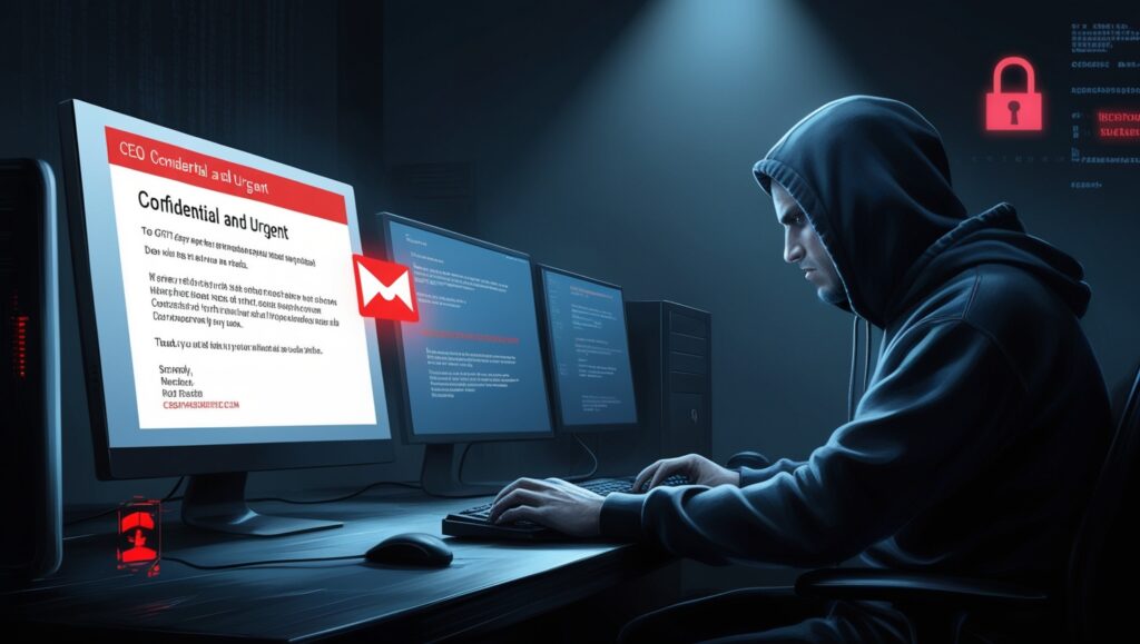A dark scene showing a hacker sitting in front of a computer screen displaying a fraudulent CEO email impersonation attempt.