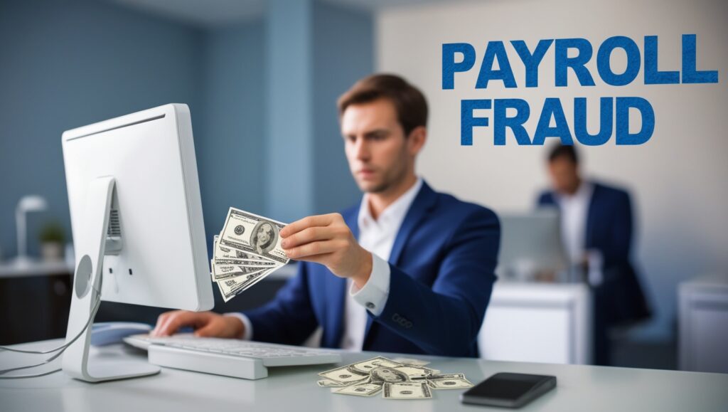 Fraudulent activity on a computer as a scammer manipulates payroll emails.